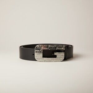 GUESS Black Leather Belt with Crystal Logo G Buckle Silver Tone Y2K Glam Size S